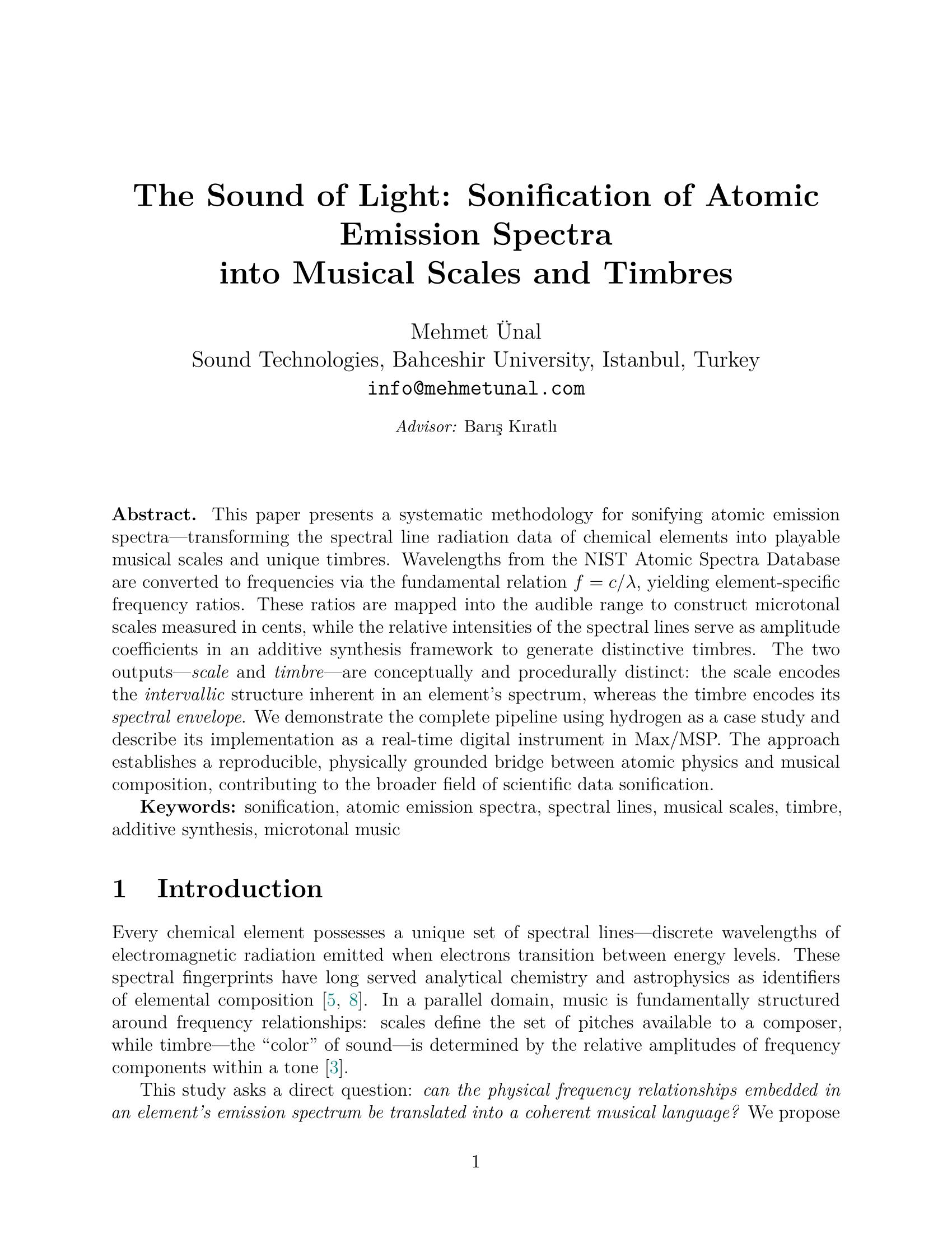The Sound of Light: Sonification of Atomic Emission Spectra into Musical Scales and Timbres